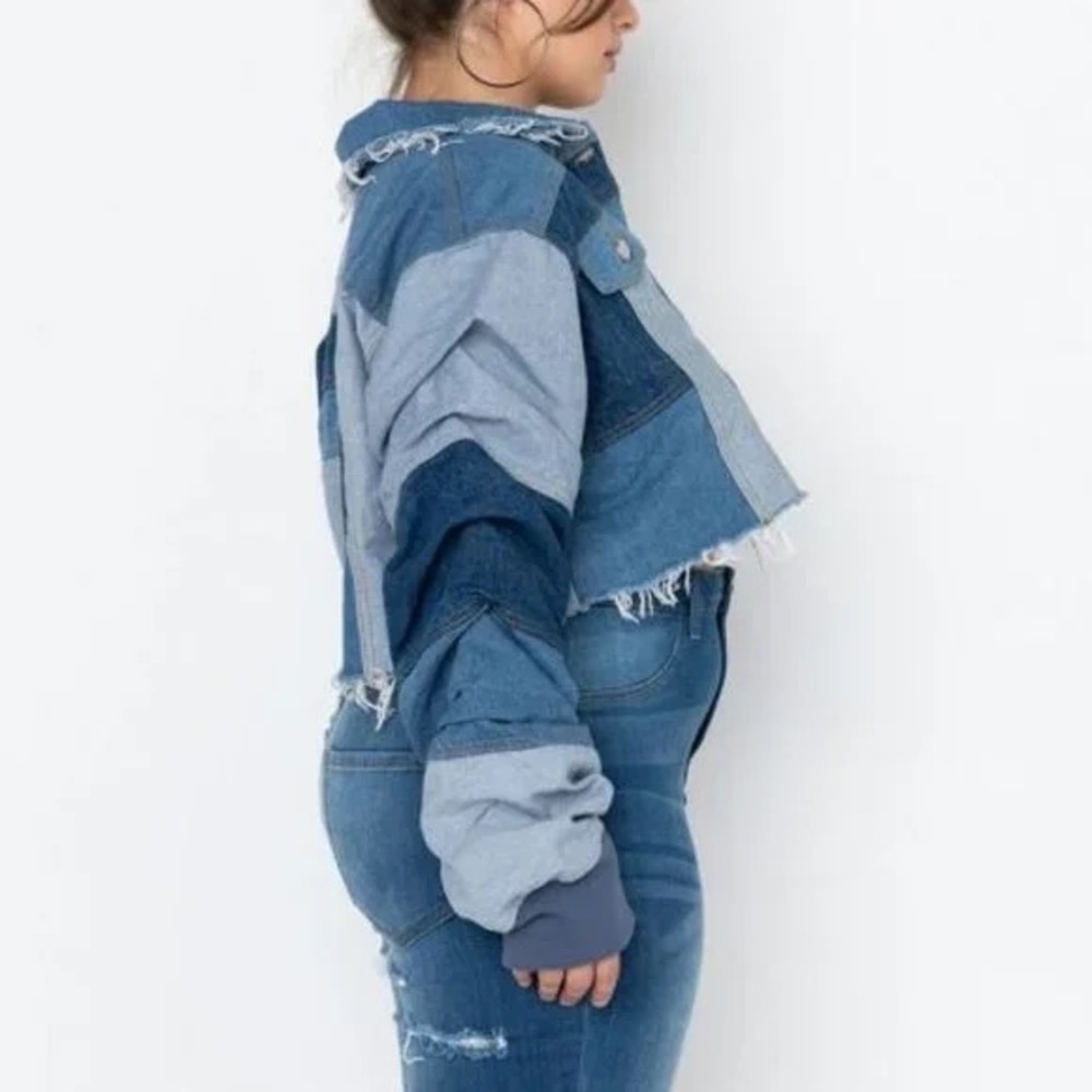 NWT AZALEA WANG ALL PATCHED UP PATCHWORKED  CROP DENIM JACKET - Picture 6 of 14